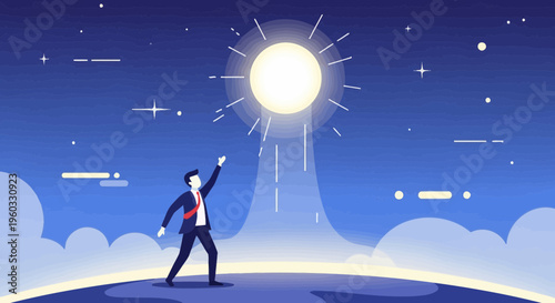 Man Reaching For Bright Sun Above Clouds Under Starry Night Sky