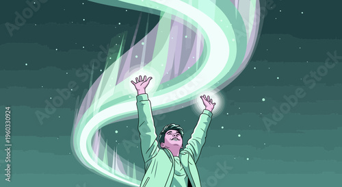 Man Reaching For Celestial Aurora Glow In Starry Night Sky