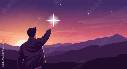 Man Reaching For A Bright Star In A Vibrant Sunset Sky