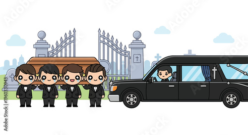 Cartoon illustration of pallbearers carrying a coffin with a hearse parked beside them in front of a cemetery gate with a somber mood.