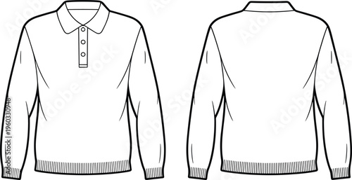 Unisex Long Sleeve Polo Sweatshirt Mockup, Front and Back View Casual Pullover, Apparel Technical Vector Illustration Flat Sketch Design Template