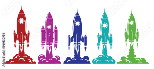 Colorful rocket ships launching into space vector collection.