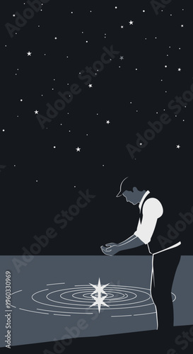 Man Reaching For Stars Reflected In Water Under Night Sky