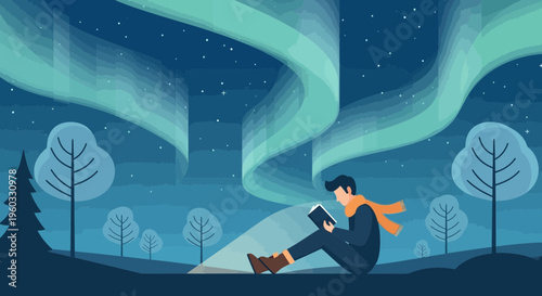 Man Reading A Book Under The Northern Lights