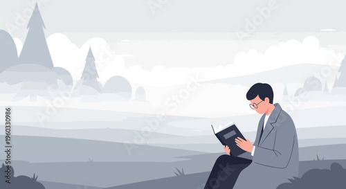 Man Reading Book Outdoors Enjoying Nature and Quiet Solitude