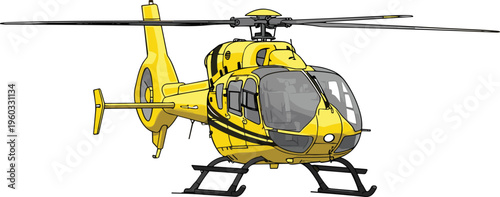 Detailed Vector Illustration of Yellow Modern Utility Helicopter Featuring Main Rotor Blade Tail Boom and Landing Skids for Air Transport