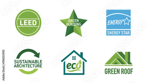 Green Building and Sustainable Architecture Icons Set. Eco-friendly design, energy efficiency, and environmental certification symbols.