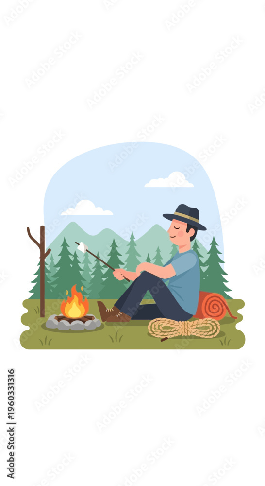 Naklejka premium Man Roasting Marshmallows By A Campfire In The Wilderness