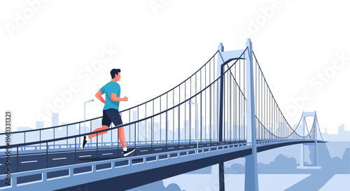 Man Running Across Expansive Suspension Bridge Overlooking Cityscape