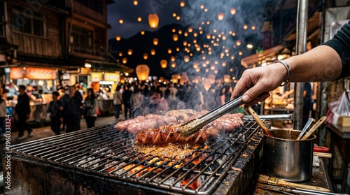 Sizzling Taiwanese sausages grilling at Pingxi Lantern Festival night market