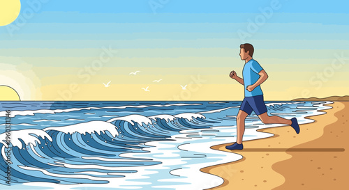 Man Running Along The Shoreline At Sunrise With Gentle Waves Approaching