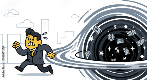 Man Running From Financial Black Hole Vortex Illustration