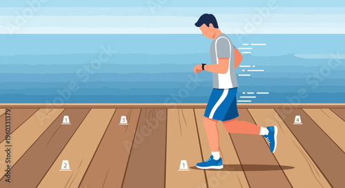 Man Running On Boardwalk By Ocean With Numbered Markers