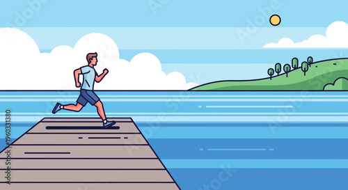 Man Running On Dock Next To Water With Green Hill And Sun In Background