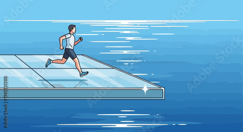 Man Running On A Futuristic Pathway Over Calm Waters