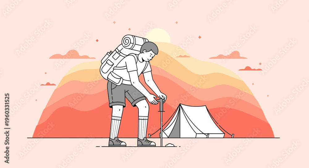 Naklejka premium Man Setting Up Camp In A Mountainous Landscape