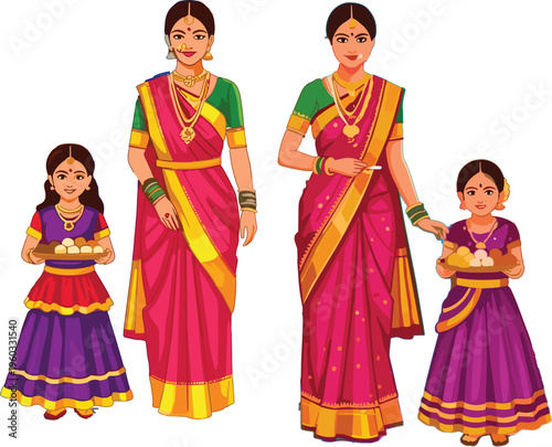 Indian family celebrating traditional festival wearing ethnic saree and lehenga holding sweets platter in flat vector illustration style