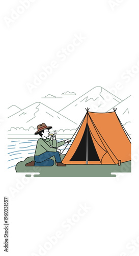 Man Setting Up Camping Tent In Scenic Mountain Landscape