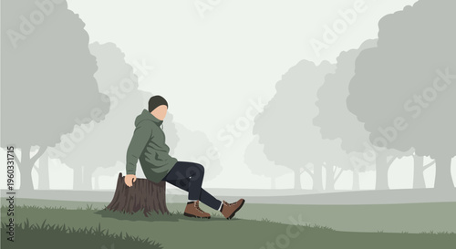 Man Sitting On Tree Stump Amidst Foggy Forest Landscape