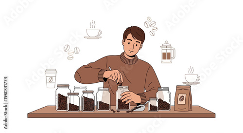 Man Sorting Coffee Beans Into Jars Discovering Aroma And Flavor Profiles