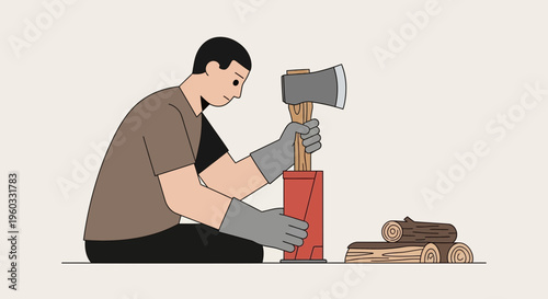 Man Splitting Firewood With Axe Preparing For Winter Season Activities