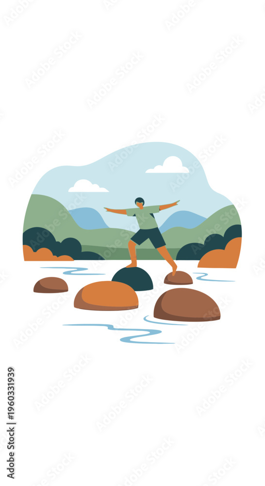 Naklejka premium Man Standing On Rocks Crossing A River In A Beautiful Landscape