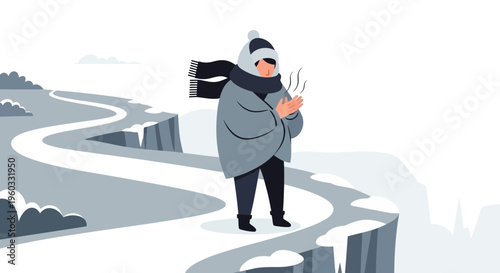 Man Standing On Snowy Cliff Edge Warming Hands In Cold Weather
