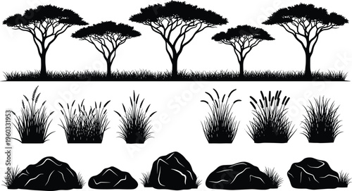 Vector collection of african savanna landscape elements featuring black acacia trees, tall grass clumps, and rock stones for nature design