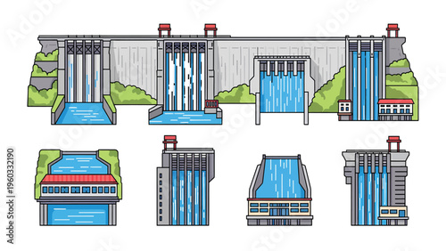 Pixel Art Hydroelectric Dam and Power Plant Vector Illustration Set