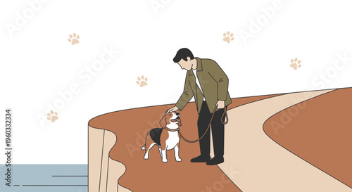 Man Walking Beagle Dog Beside Cliff Edge Path With Paw Prints