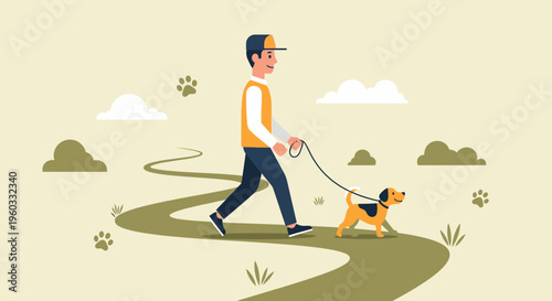 Man Walking Dog On A Path Outdoors With Paw Prints And Clouds