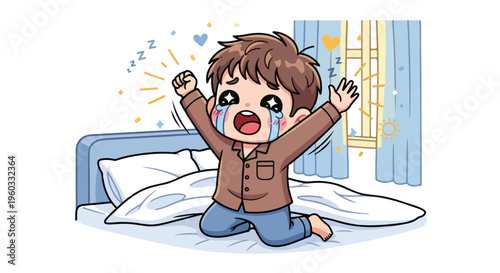 Cartoon boy kneeling on bed with arms raised in excitement, tears of joy, in a blue bedroom with a window, warm and happy mood.
