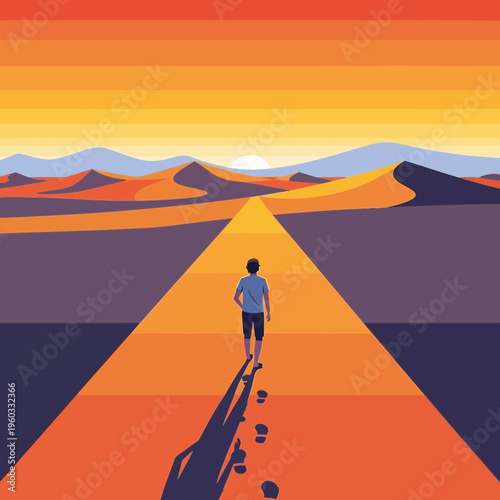 Man Walking Towards Vibrant Desert Sunset on an Endless Path