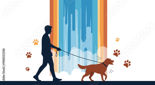 Man Walks Dog Along Vibrant Waterfall Trail
