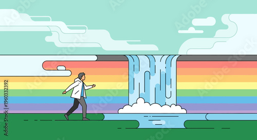 Man Walks Towards A Vibrant Rainbow Waterfall Landscape
