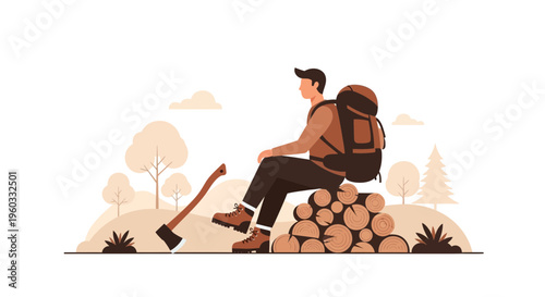 Man With Axe And Backpack Sits On Woodpile In Nature