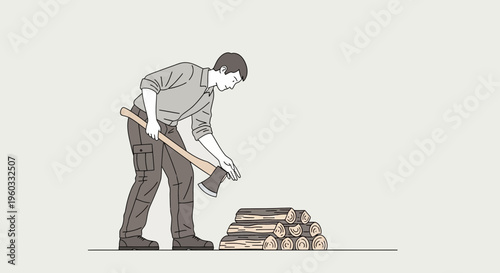 Man With Axe Preparing Firewood For Winter Season