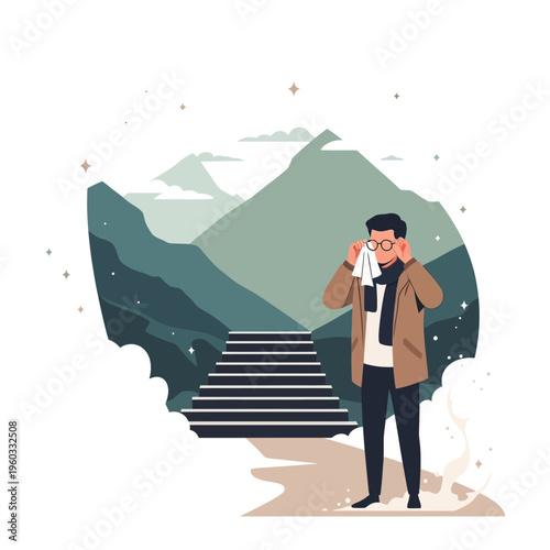 Man Wipes Eyes On Snowy Mountain Path Awaiting Ascent