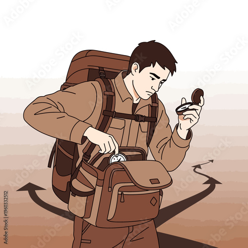 Man With Backpack And Compass Navigating Outdoor Adventure Paths
