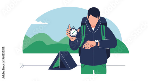 Man With Backpack And Compass Checks Time At Campsite