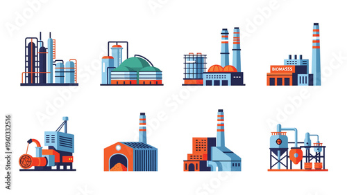 Industrial Factory Buildings Vector Set. Flat design illustrations of manufacturing plants, power stations & chemical facilities.