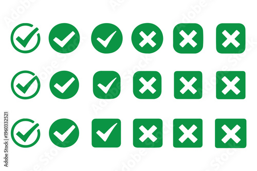 Check tick mark icon set. Cross box x check mark checkbox v list vector draw hand drawn sketch doodle brush marker checklist symbol wrong right circle. Vector Illustration