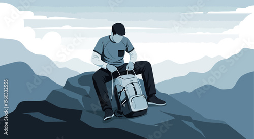 Man With Backpack Resting On Mountain Peak Overlooking Vast Landscape