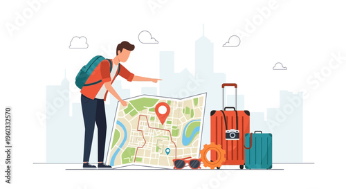 Man With Backpack Studying Map Planning Adventure With Luggage In City Background