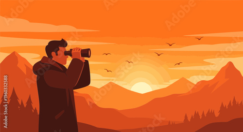 Man With Binoculars Gazing At Sunrise Over Mountainous Landscape