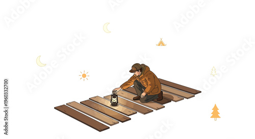 Man With Lantern On Wooden Path Under Moonlit Sky