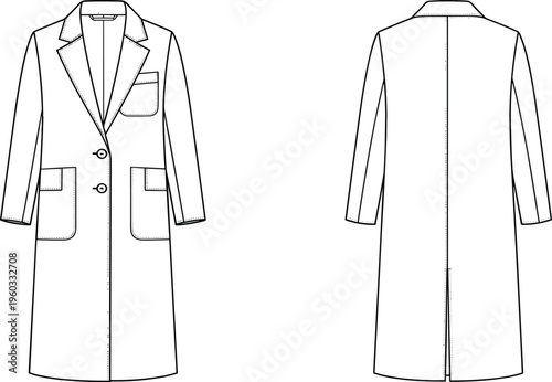 Vector fashion technical sketch of women's long wool coat, notched lapel, single breasted closure, patch pockets, front and back view