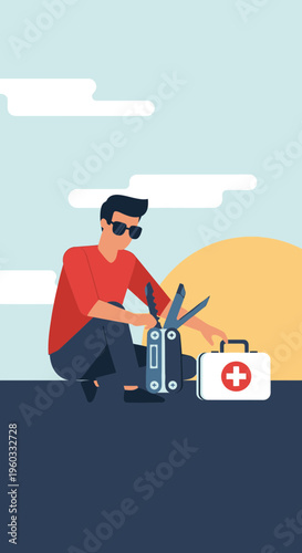 Man With Multitool And First Aid Kit Prepared For Any Situation