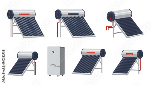 Diverse solar water heating systems collection with vacuum tube collectors for eco-friendly renewable energy solutions