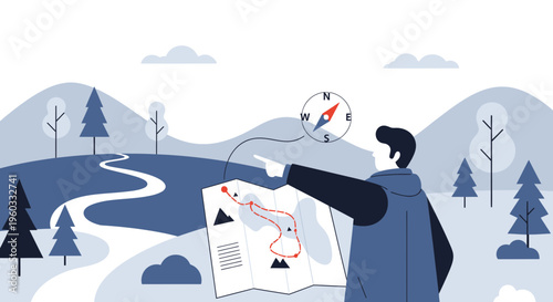 Man With Map And Compass Navigating Scenic Landscape